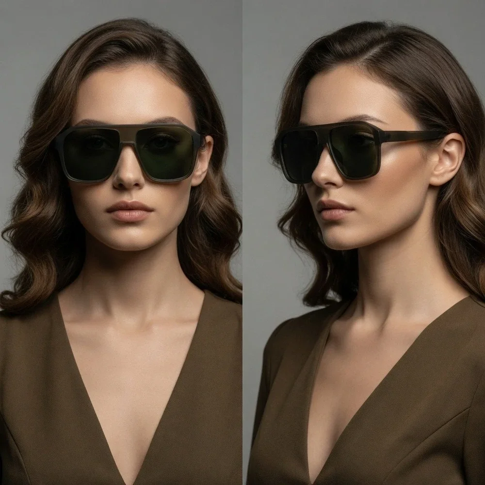 Womens Oversized Retro Sunglasses Matte Olive Green Flat Top Square Frames Gafas